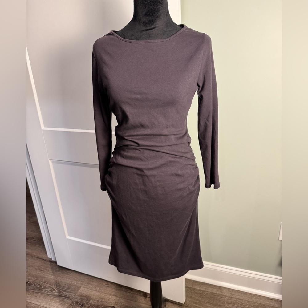 Jarbo black Pima cotton dress ruched sides boat neck bodycon mini